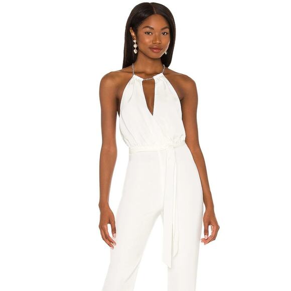 NBD Revolve Maika Jumpsuit Ivory Silver Tone Halter Neck Chain Size Small NWT - Picture 1 of 10